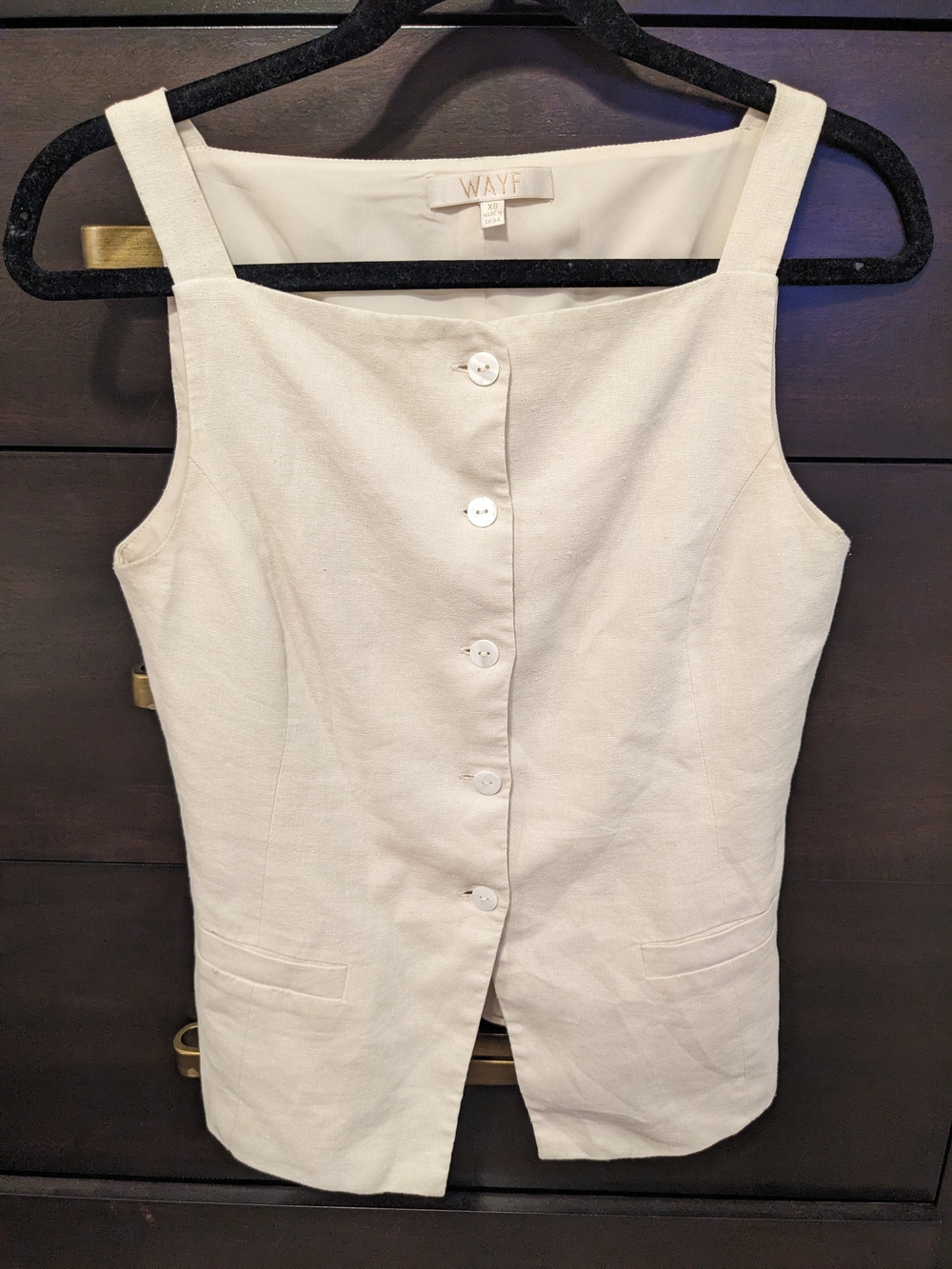 WAYF Cream Square-Neck Button Front Linen Tank